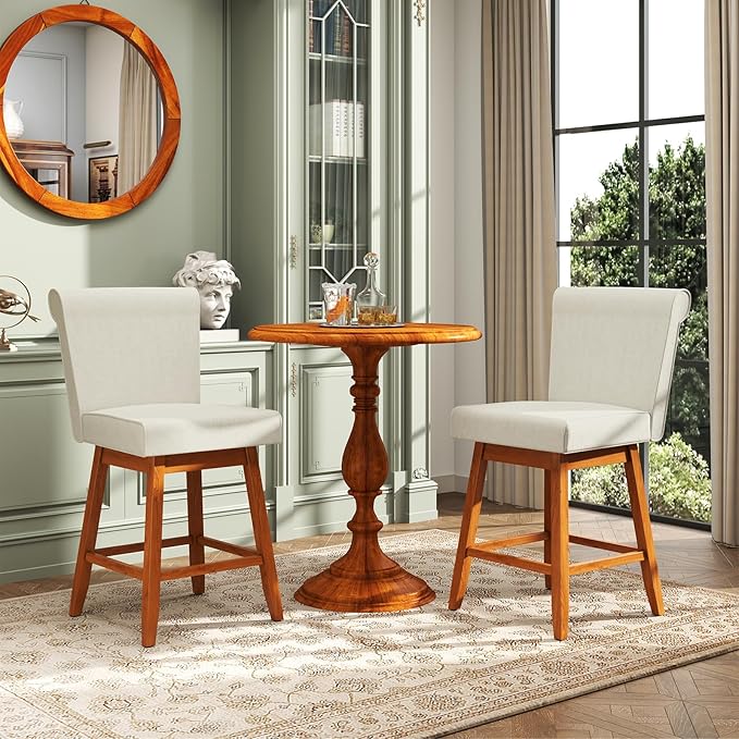 COSTWAY Swivel Bar Stools Set of 4, 27" Counter Height Bar Chairs with Rubber Wood Legs, Upholstered Linen Barstools with Back & Cushioned Seat, for Kitchen Island, Home, Beige