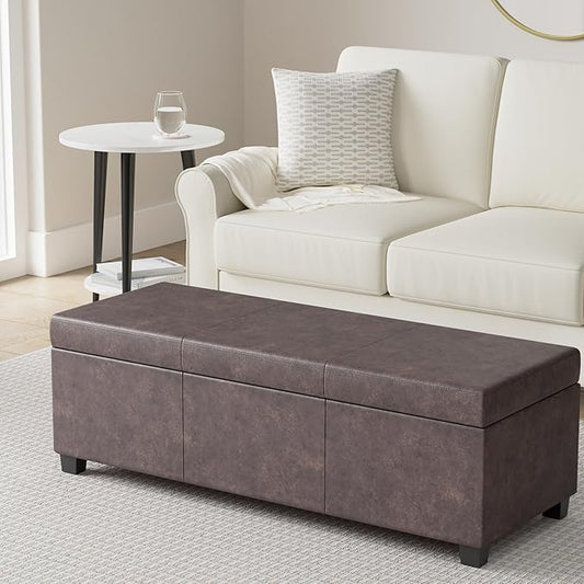 SIMPLIHOME Avalon 48 inch Wide Contemporary Rectangle Storage Ottoman Bench in Distressed Brown Vegan Faux Leather, Assembled, for the Living Room, Entryway and Family Room