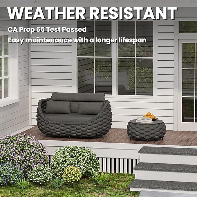 Patio Loveseat with Table: Aluminum Hand Woven Rope 2 Piece Patio Furniture Set - Cushioned Outdoor Seating Set - Modern Metal Lounge Set Assembled for Porch Balcony Deck Garden Hotel, Dark Grey