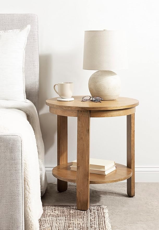 Kate and Laurel Foxford Tiered Round Side Table; 22 x 22 x 24; Natural Brown; Transitional Two-Tier Circle Nightstand Table with Storage and Resilient Wood Construction for Bedroom Decor
