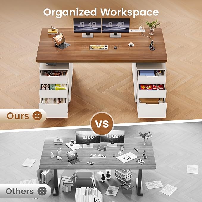 SEDETA Electric Standing Desk with 6 Drawers, 55" Adjustable Stand up Desk with Storage, Computer Desks with Power Outlets for Home Office, White