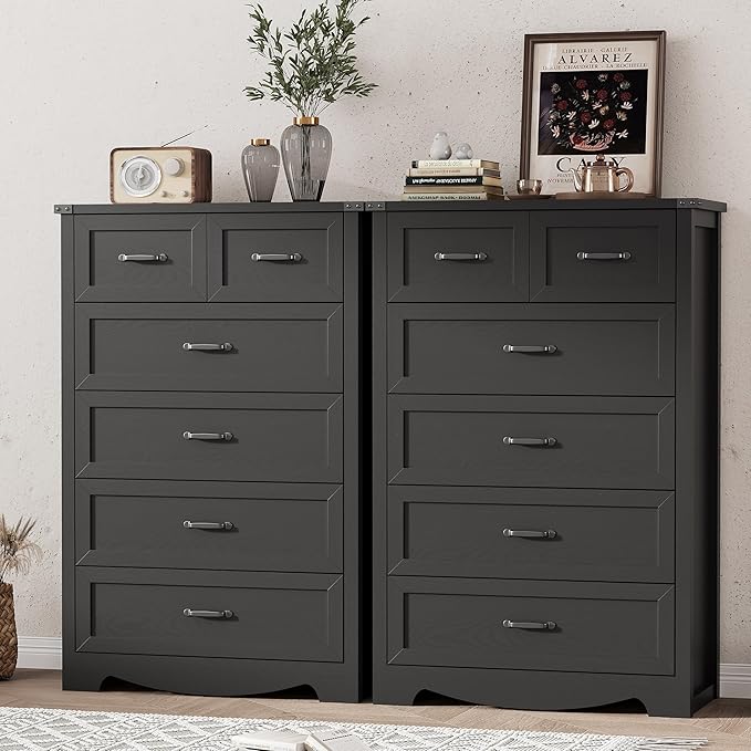 Dresser for Bedroom with 6 Drawers, 46" Tall Wood Chest of Drawers with Deep Drawers & Mental Handle, Modern Dresser TV Stand, Wooden Closet Storage Organizer for Living Room, Hallway, Entryway, Black