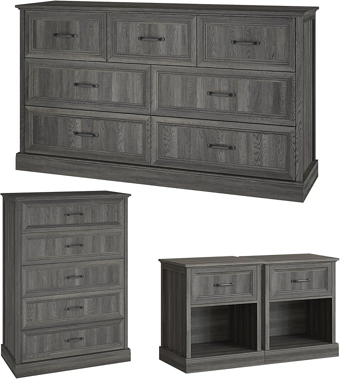 Farmhouse Dresser and Nightstand Sets, 4Pcs Bedroom Furniture Set, Nightstand Set of 2 & 55" Wide 7 Drawer and 44" Tall 5 Drawer Dresser with Large Drawers & Bar Handles, Grey