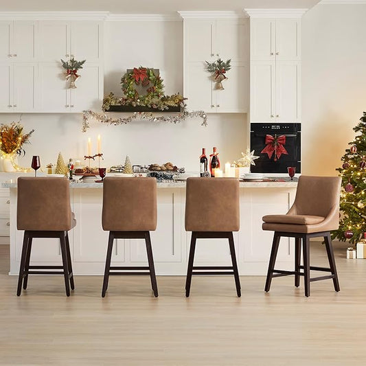 CHITA Counter Height Swivel Bar Stools Set of 4, FSC Certified Upholstered Faux Leather Barstool Chairs with Back, 26.8" H Seat Height, PU Leather in Retro Brown