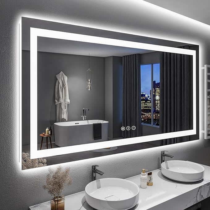 60x36 Inch LED Bathroom Mirror with Lights Front and Backlit Lighted Vanity Mirror for Bathroom Wall with 3 Colors Dimmable Anti-Fog Memory Shatter-Proof IP54 Waterproof Horizontal/Vertical