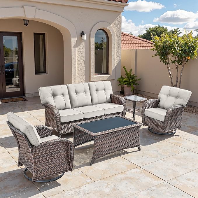 5-Piece Rotating Balcony Chair Set with 31-inch T-Shaped Wide backrest - Rattan Outdoor Rotating Balcony Chairs, Wide backrest Comfortable Outdoor Sliding Chair - Brown | Beige