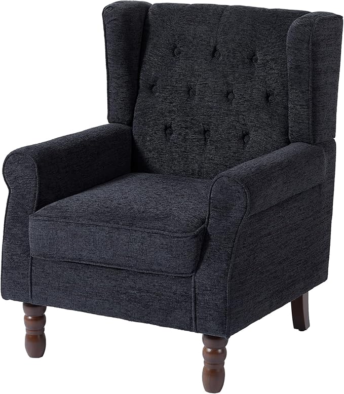 UIXE High Back Accent Chairs Set of 2, Upholstered Armchair in Fabric, Retro Wingback Arm Chair for Living Room, Comfy Single Sofa Bedroom Reading Seat with Solid Wood Legs - Black Blue