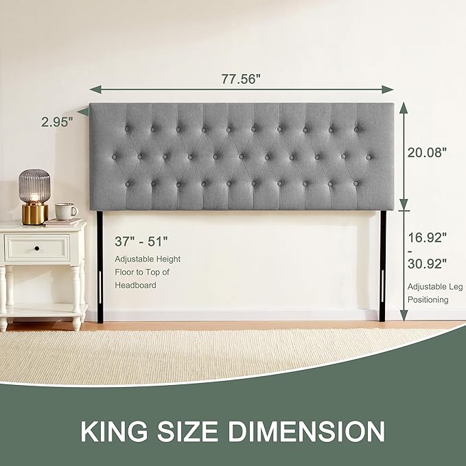 Tufted Upholstered Headboard King Size, Solid Wood Head Board with Durable Metal Legs, Adjustable Height Bed headboard from 37” to 51” Fabric Headboard in Modern Button Design, Grey