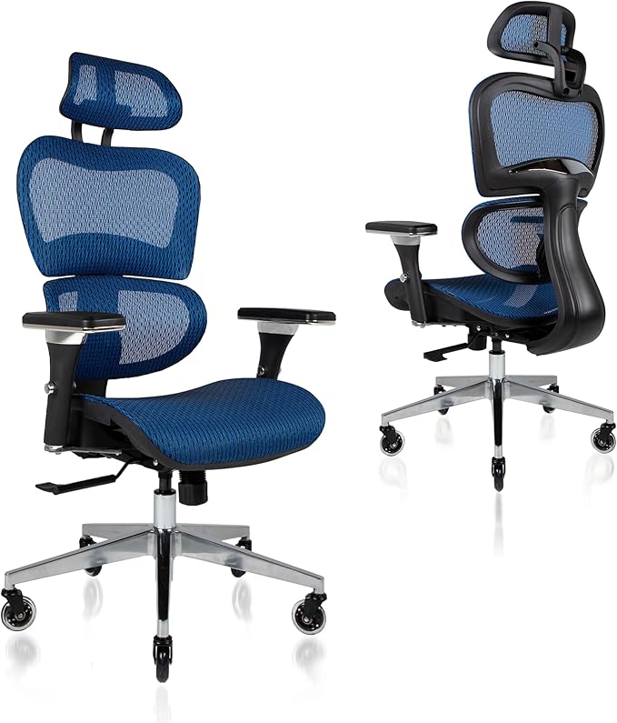Nouhaus Ergo3D Ergonomic Office Chair Lumbar Support Mesh Office Chair with 4D Adjustable Armrest, Adjustable Headrest and Wheels, Mesh High Back Home Office Desk Chairs(Blue)