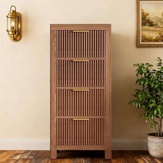 4-Drawer Modern Solid Wood Dresser with Fluted Front & Gold Handles, Multifunctional Tall Storage Chest, for Hallway, Entryway, Walnut Oak