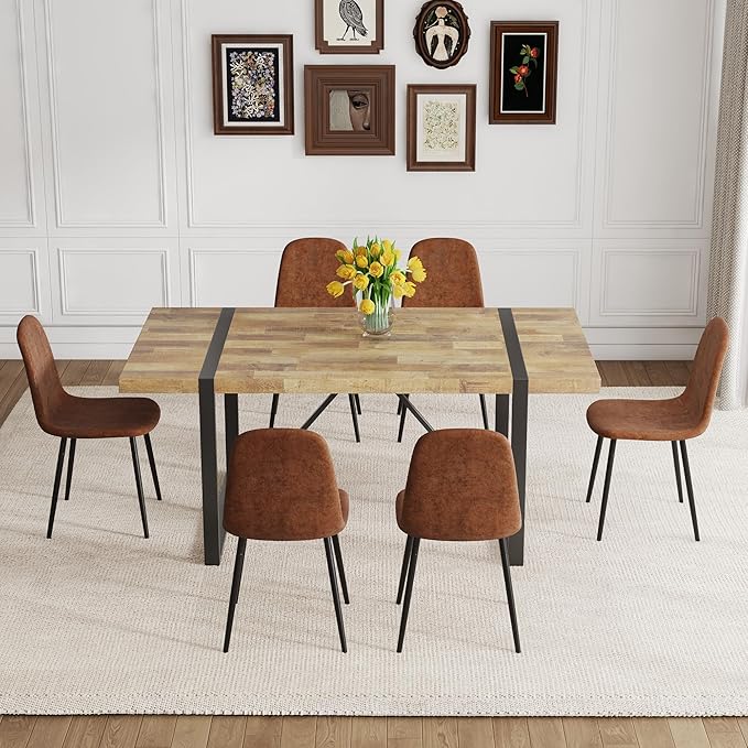 Dining Table Set for 6,Dinner Table Set for 6,71'' Kitchen Table and PU Leather Chairs Set of 6,6 Chair Dining Table Set for Kitchen Dining Room