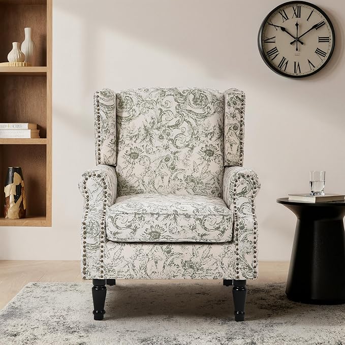 Lumibee High Back Accent Chair, Armchair in Fabric, Comfy Upholstered Wingback Single Sofa Reading Chair with Solid Wood Legs for Living Room,Bedroom,Office-Rococo Green