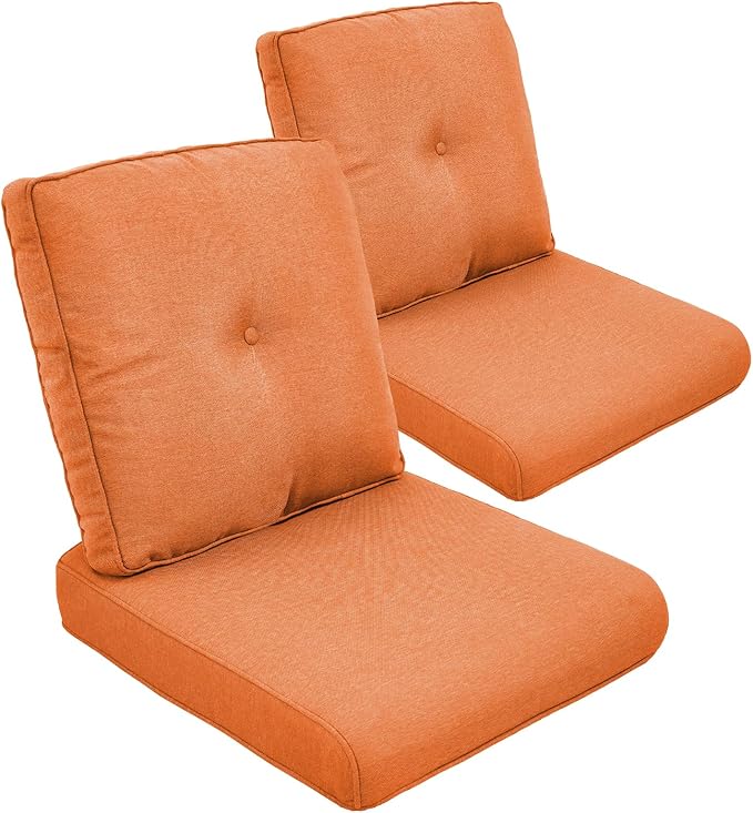 Outdoor Chair Cushion Set of 2, Water-repellent Outdoor Seat Cushions 25x22 , Patio Chair Cushions for Outdoor Furniture, Couch Cushion Replacement, Include 2 Back & 2 Seat Cushions, Button/Orange