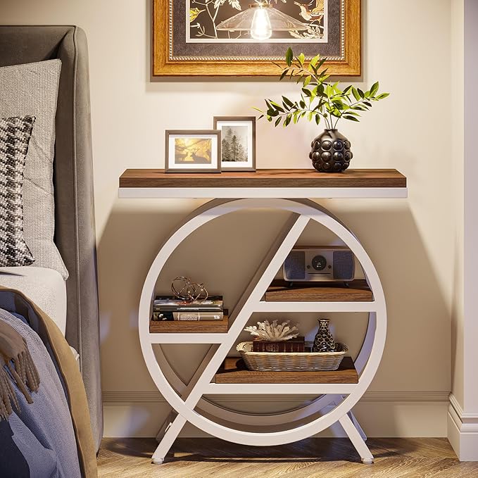 Tribesigns End Table for Living Room, 3-Tier Narrow Side Table with Storage, Wood Sofa Side Table with Geometric Metal Frame, Industrial Nightstand and Bedside Table for Bedroom (Light Brown+White)