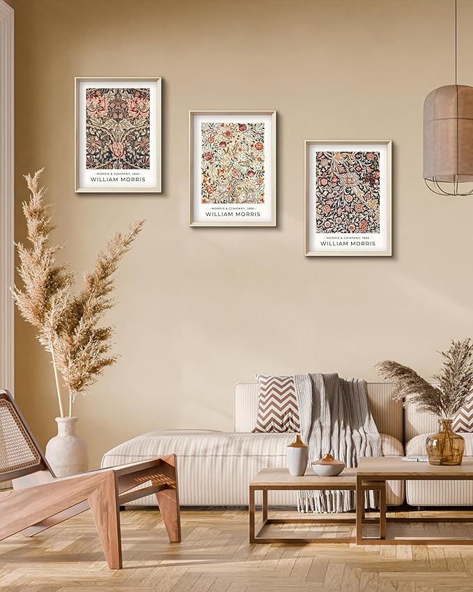 Framed William Morris Canvas Wall Art,Floral Pattern Vintage Poster Wall Decor,16x12IN High Framed Wood Design Prints,Minimalist Classic Decor Aesthetic for Living Room,Bedroom,Bathroom Set of 3