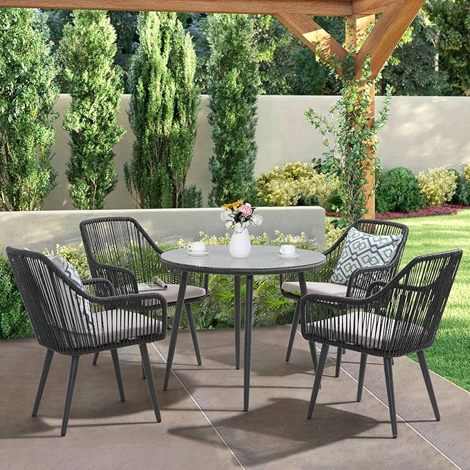 JOIVI 5 Piece Outdoor Dining Set, Wicker Patio Furniture Dining Chairs and Table Set with Cushions for 4 People, Tempered Glass Tabletop with 2.16” Umbrella Hole, for Lawn, Backyard, Garden, Black