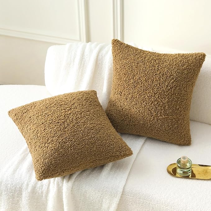 FUTEI Khaki Throw Pillow Covers 20x20 Inch Set of 2,Furry Faux Fur Teddy Boucle Textured Cushion Covers,Soft Fluffy Decorative Pillow Case,Home Decor for Couch Bed Living Room Office Car