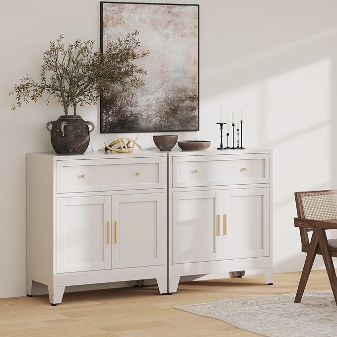 Metal Buffet Cabinet,White Coffee Bar Cabinet,Small Buffet Sideboard Cabinet,Coffee Cabinets with Storage,Short Kitchen Pantry Cabinets for Dining Room,Living Room