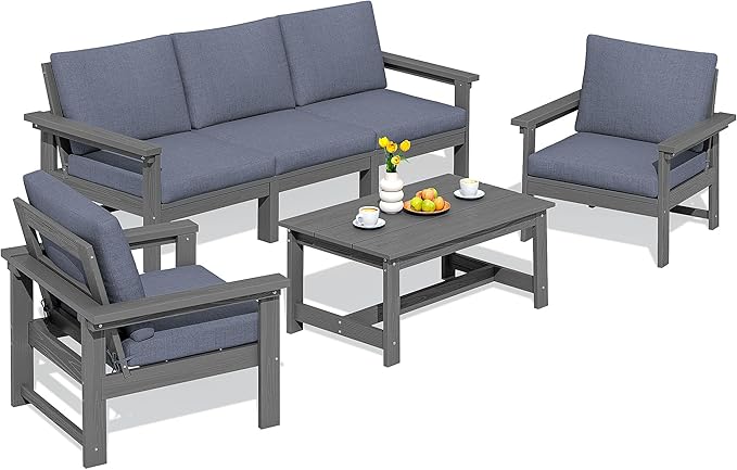SERWALL HDPE Patio Conversation Set, 6-Piece Sectional Outdoor Furniture Set, All Weather Outdoor Couch Set Patio Furniture Set for Deck, Lawn, Grey Frame with Grey Cushion