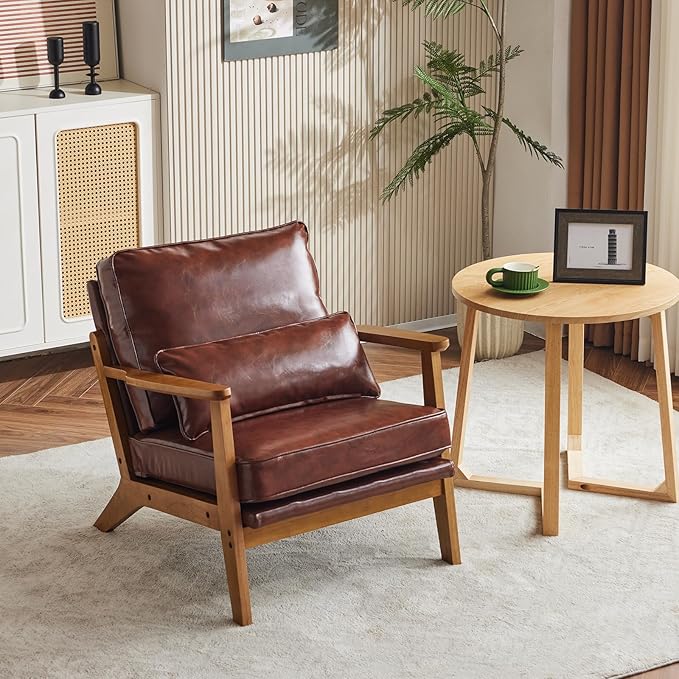 VINGLI Solid Wood Wide Armrests Accent Chair,Upholstered Mid Century Modern Chair with Pillow,Comfy Reading Chair Farmhouse Arm Chair,Chairs Living Room,Bedroom,Guest Room,PU Leather,Dark Brown