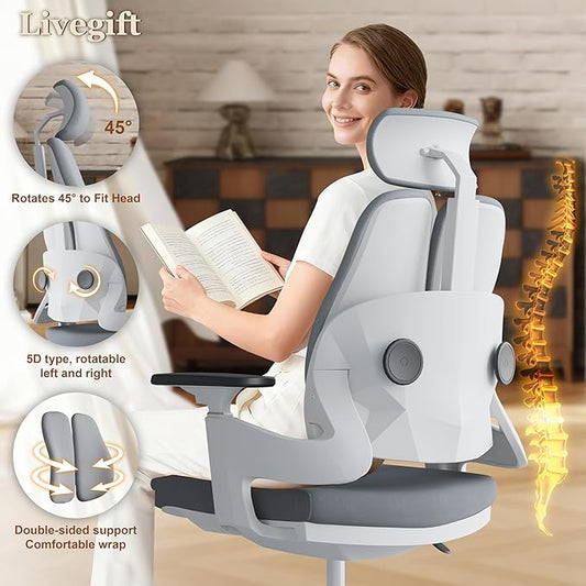 Ergonomic Office Chair Desk Chair Dual-backrest Computer Chair with Flexible Lumbar Support and Adjustable Height, 500lbs Extra Wide Seat with Wheels, for Home & Office Use Grey