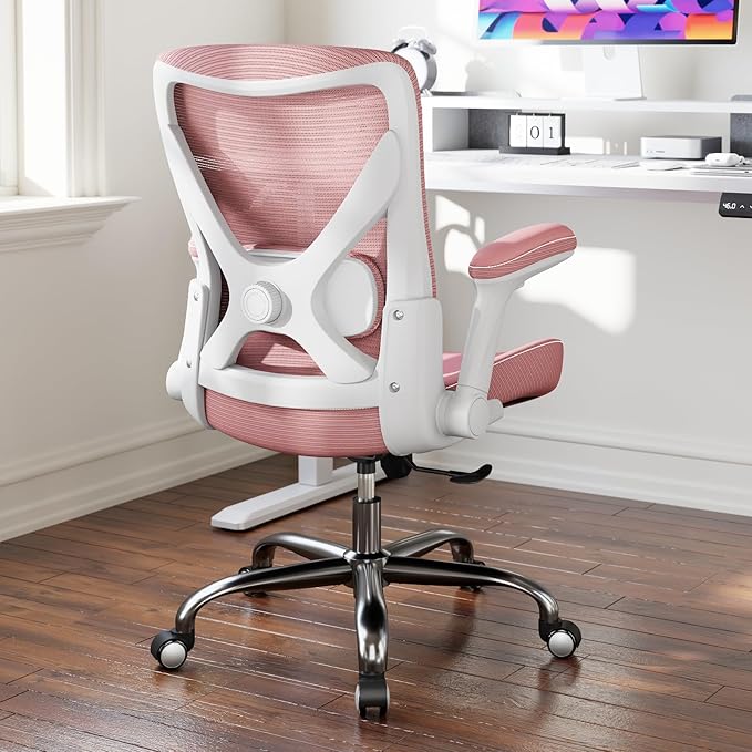 Office Home Ergonomic Desk Chair-Computer X-Shaped Chair Mesh PU Leather with Adjustable Lumbar Support-Executive Chair High Back Flip-Up Arms for Long Hours (Pink-No Headrest)