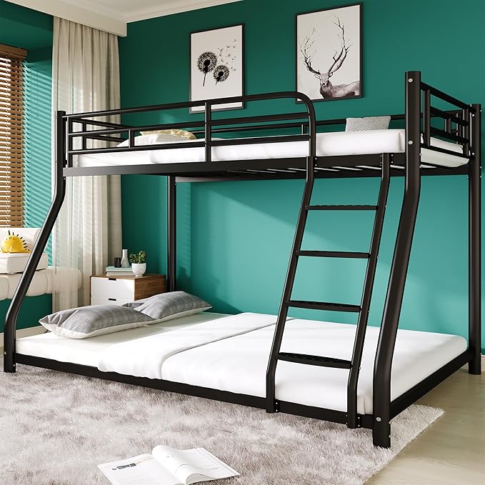 Metal Twin Over Full Bunk Bed,Bunk Beds Twin Over Full Size with Removable Wide Ladder and Full-Length Guardrail,Low Full BunkBeds Frame Heavy Duty steel Slat Support For Adults Kids and Young Teens