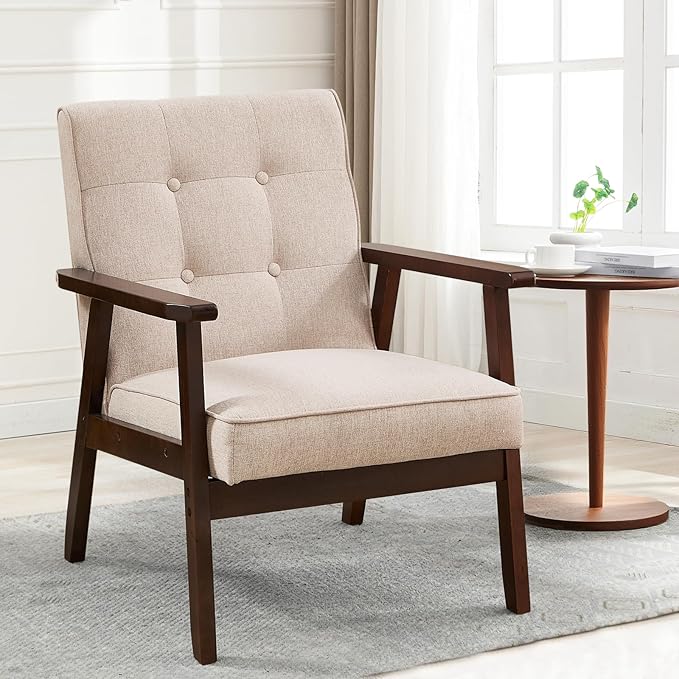 Bonzy Home Mid-Century Modern Accent Chair, Upholstered Fabric Armchair with Solid Wood Frame, Comfy Retro Leisure Chair Reading Chair for Living Room, Bedroom