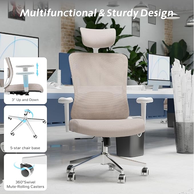 Ergonomic Office Chair, Mesh Desk Chair with Adjustable Headrest and 2D Armrest,Computer Chairs with Lumbar Support, Big and Tall Office Chair 400lbs, Large (01khaki)