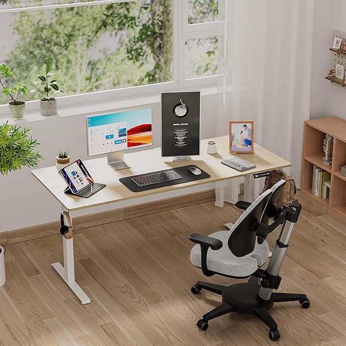 63 x 28 inch Electric Standing Desk Adjustable Height with 4 Wheels, 4 Memory Height Settings, 2 Headphone Hook, for Home Office, Splice Board Oak