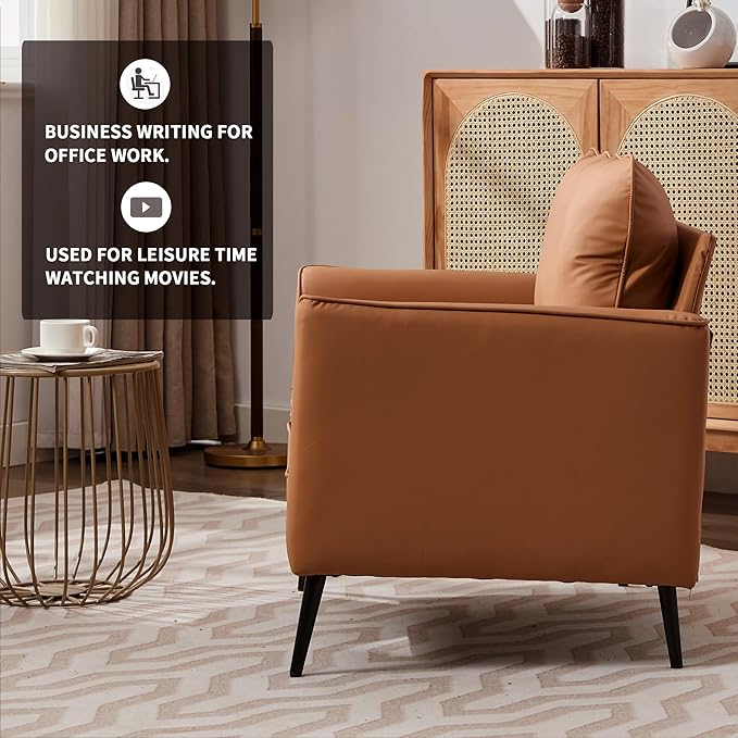 YISHENG Mid-Century Modern Living Room Accent Chairs Set of 2 - Oversized Faux Leather Armchairs with Removable Cushions & Metal Legs, Comfortable Sofas for Office/Lounge/Bedroom/Reception,(Brown)