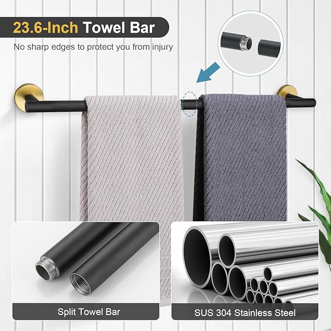 TQKAG Black and Gold Bathroom Hardware Accessories Set 10-Pieces, Premium SUS304 Stainless Steel Bathroom Towel Bar Holder Set 23.6 Inch Round Towel Racks for Bathroom Wall Mounted