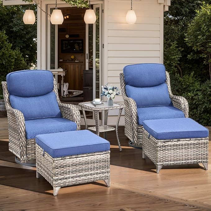 HUMMUH Wicker Patio Furniture High Back Swivel Rocker Patio Chairs Outdoor Bistro Set with Ottomans Side Table for Porch Garden Deck