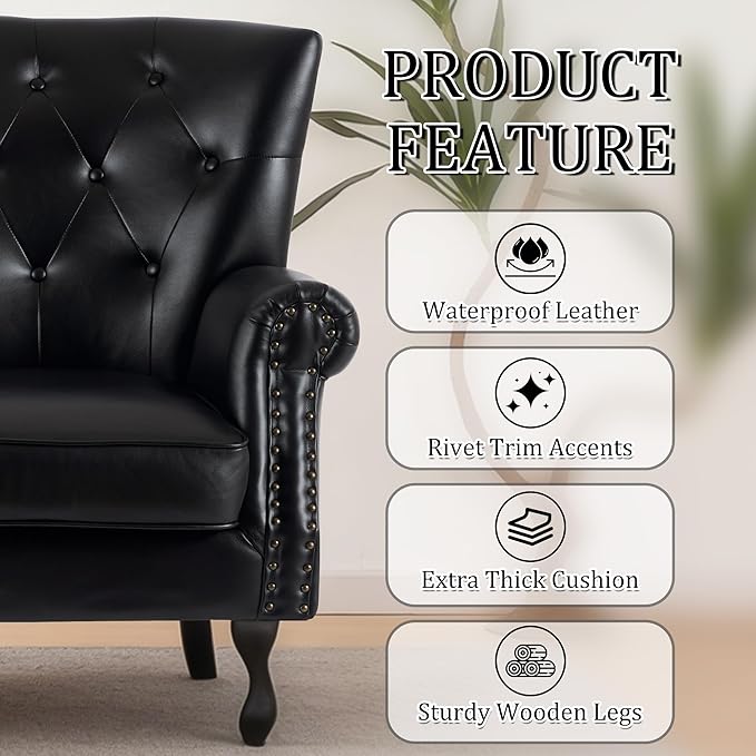 Modern Faux Leather Accent Chair, Upholstered Mid-Century Armchair with Solid Wood Legs, Single Sofa Chair for Living Room, Bedroom, or Reading Room(Black)