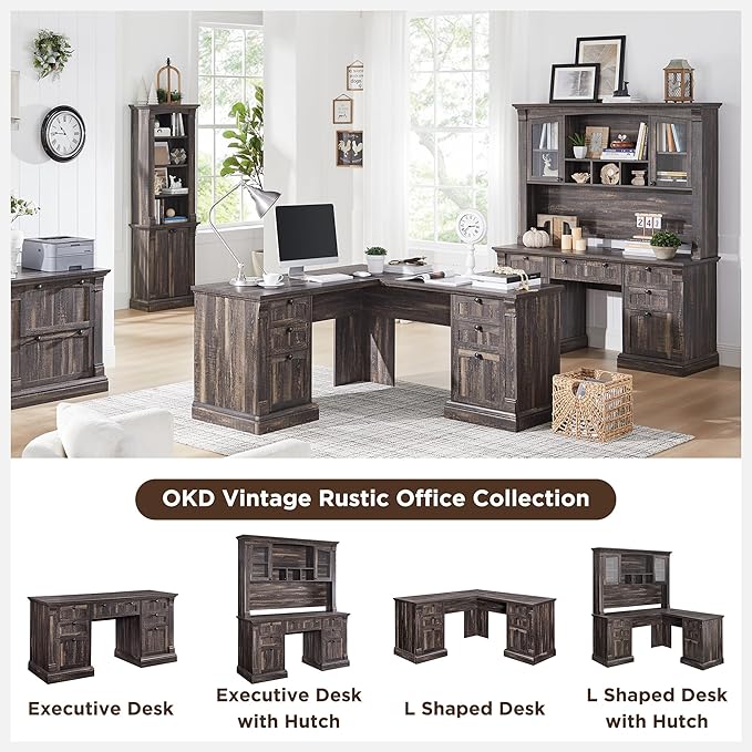 OKD 60" Executive Desk with Drawers, Farmhouse Home Office Desk with Charging Station, Keyboard Tray, File Cabinet Storage, Wood Computer Desk for Work and Study, Dark Rustic Oak