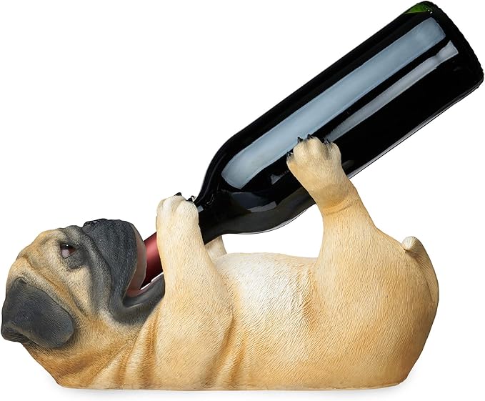 True Pug Polyresin Wine Bottle Holder - Table Top and Counter Wine Rack, Set of 1, Animal Home Decor, Brown, Holds 1 Standard Wine Bottle