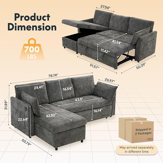 FLEXISPOT XB5 78" Pull Out Couch Bed with Storage Chaise,3-Seater Sectional Sofa Bed with USB Charging Ports, 2-in-1 Convertible Sofa Couch for Living Room Apartment, Easy to Assemble(Gray)