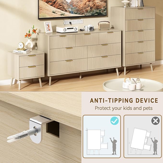 CARPETNAL Fluted 7 Drawer Dresser for Bedroom, 55" Wide Wooden Chest of Drawers with Rounded Corners, Gold Handles, Modern Storage Organizer for Bedroom, Hallway(Beige)
