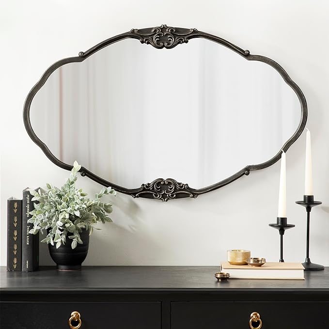 Kate and Laurel Novella Vintage Glam Ornate Mirror; 30 x 18; Black; Traditional Baroque Wall Mirror for Use as Decorative Bathroom Mirror or Fireplace Mantel Mirror