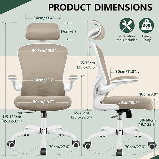 FelixKing Ergonomic Office Desk Chair with Headrest, Wheels, Adjustable Lumbar Support and Height, Swivel Comfy Task Chair with Flip-up Armrests, Ergo Mesh Backrest for Working (Khaki)