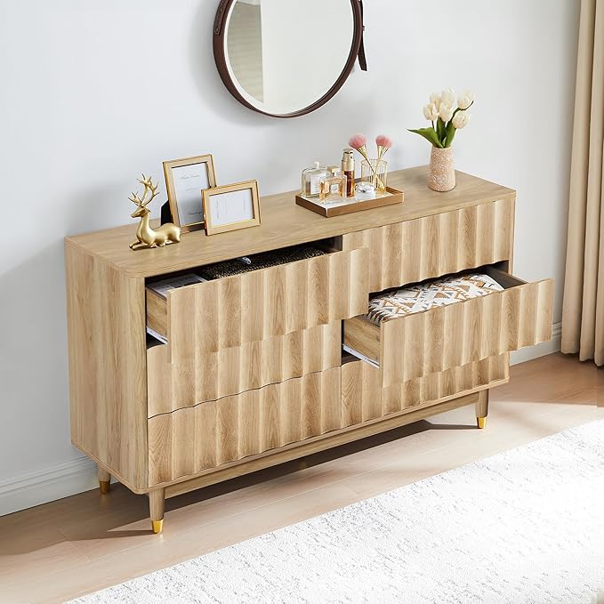Fluted 6 Drawer Dresser, 53" Wide Modern Storage Chest of Drawers, Wood Drawer Organizer for Bedroom, Living Room, Hallway