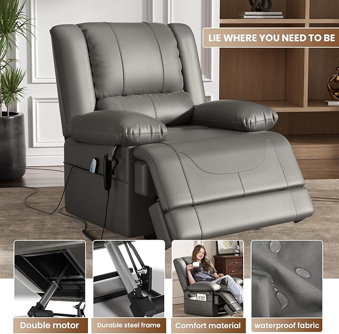 Large Dual Motor Power Lift Recliner Chair with Massage and Heat for Elderly People, Infinite Position,USB Ports and Remote Control,Breathable Leather (Gray)