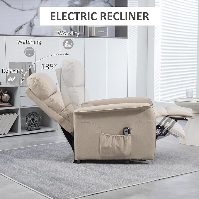 HOMCOM Power Lift Recliner Chair for Elderly, Easy Assembly, Fabric Lift Chair for Adults, Recliner Sofa with Remote Control, Side Pockets for Living Room, Beige