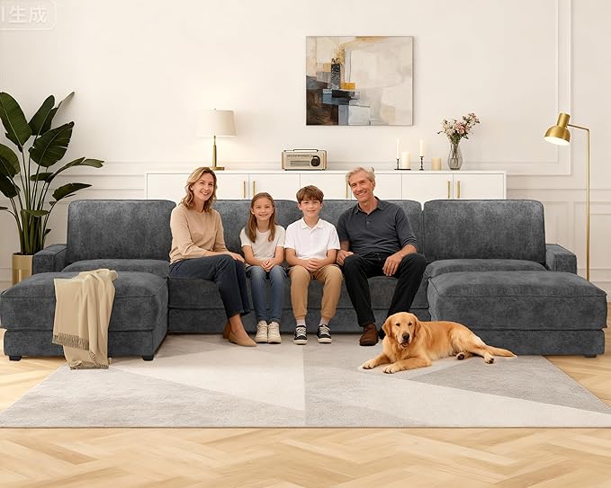 Sunny Heart 160" U-Shaped Modular Sectional Sofa, Oversized Cloud Couch with Movable Ottoman, 6-Seat Chenille Deep Seat Sofa with Pillow, Sectional Couches for Living Room, Apartment, Dark Grey