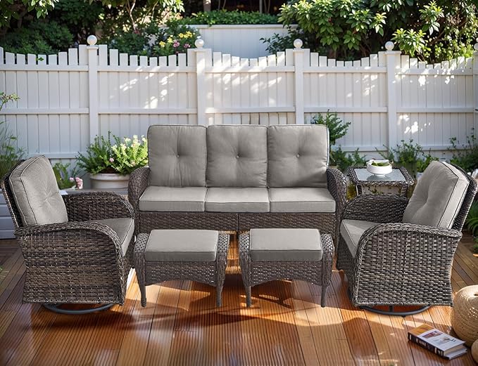 HUMMUH 6-Piece Patio Furniture PE Wicker Outdoor Conversation Set,All-Weather Rattan Swivel Rocker Chairs Outdoor Couch Ottomans for Backyard,Poolside,Deck
