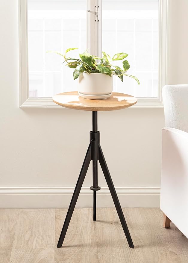 Kate and Laurel Keres Modern Adjustable-Height Round Tripod Side Table, 16 x 16 x 28, Natural Wood and Black, Transitional Circle End Table for Use as Indoor Plant Stand or Bedroom Nightstand