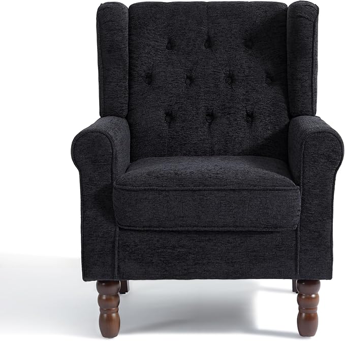 UIXE High Back Accent Chairs Set of 2, Upholstered Armchair in Fabric, Retro Wingback Arm Chair for Living Room, Comfy Single Sofa Bedroom Reading Seat with Solid Wood Legs - Black Blue