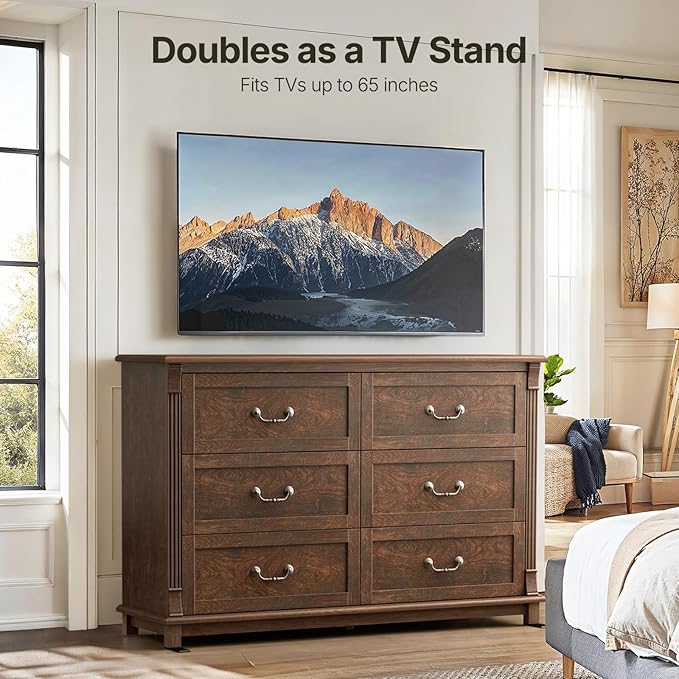 Amada 6 Drawers Dresser for Bedroom, Farmhouse 47" Wide Dresser & Chest of Drawers with Roman Column Design, Large Storage Organizer with 6 Drawer Sizes for Bedroom, Living Room