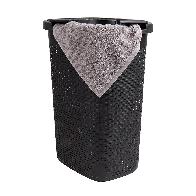 Mind Reader 60L Slim Laundry Hamper, Clothes Basket, Lid, Wicker Design, Plastic, 17.65"L x 13.75"W x 24.15"H, Black