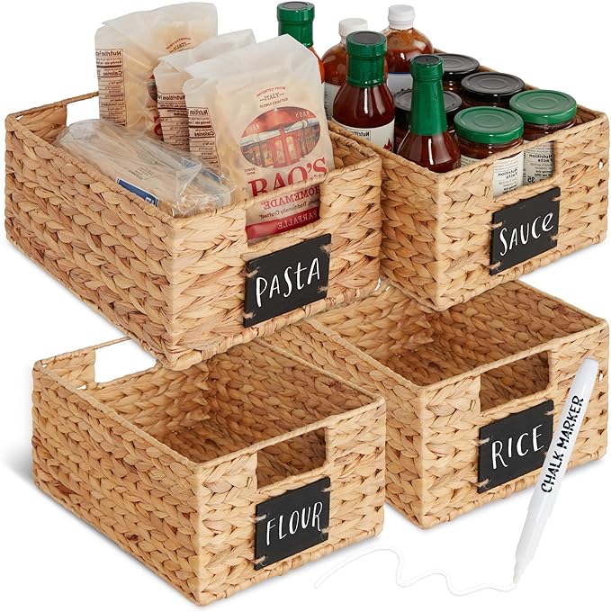 Best Choice Products Set of 4 9x12in Water Hyacinth Pantry Baskets, Woven Organizers w/Chalkboard Label, Chalk Marker - Natural